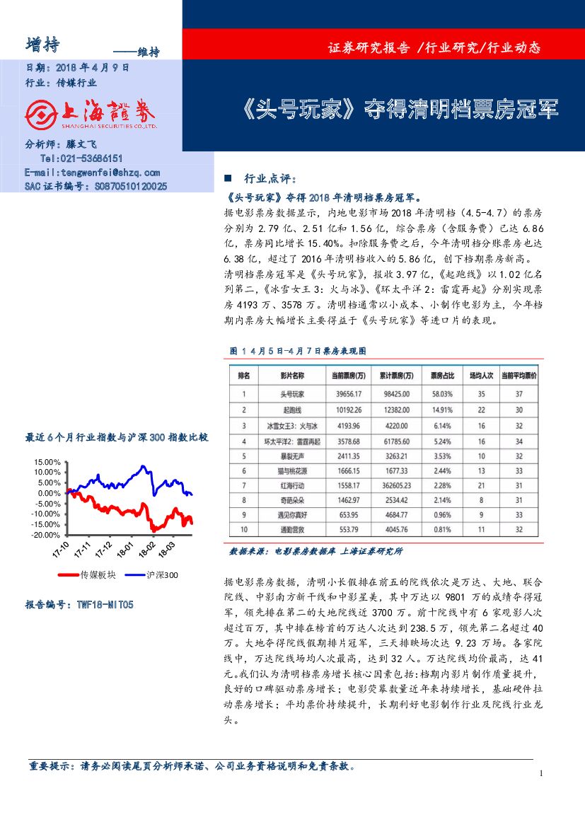 上海证券：传媒行业动态：《头号玩家》夺得清明档票票房冠军