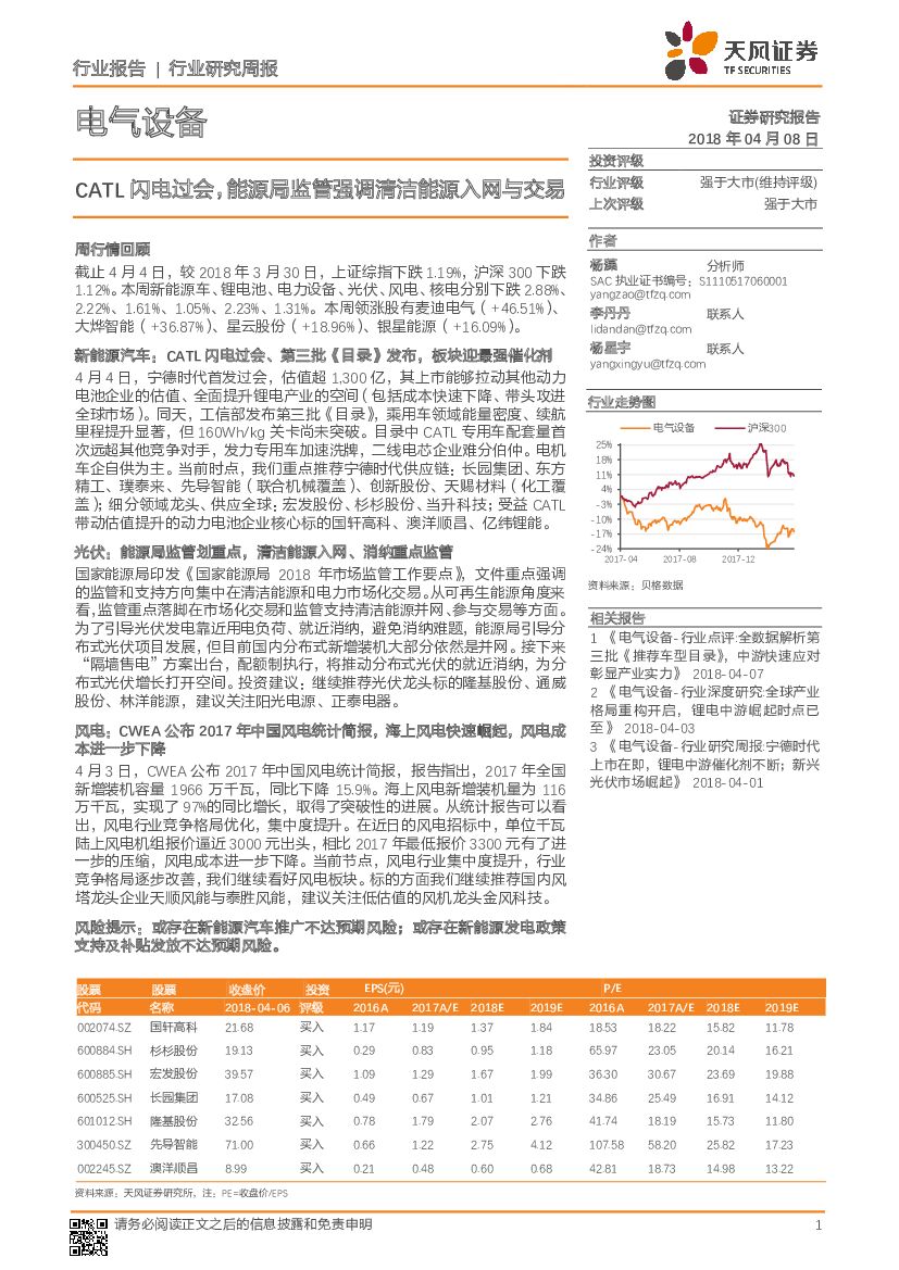 天风证券：电气设备：CATL闪电过会，能源局监管强调清洁能源入网与交易