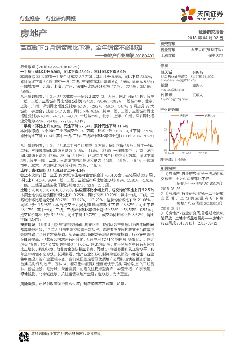 天风证券：房地产行业周报：高基数下3月销售同比下滑，全年销售不必悲观
