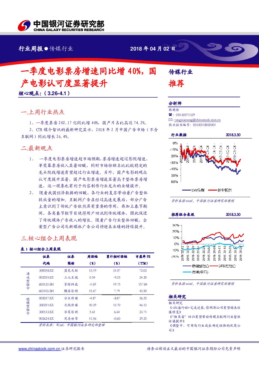 中国银河：传媒行业周报：一季度电影票房增速同比增40%，国产电影认可度显著提升