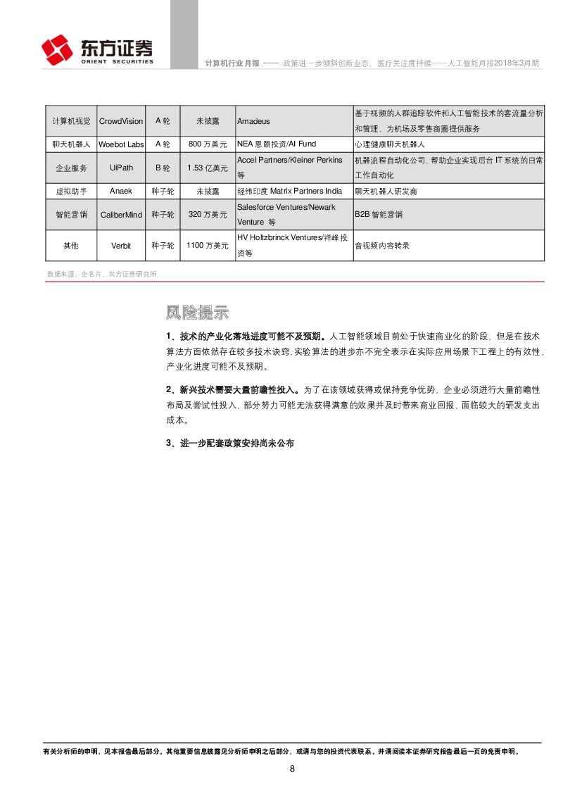 东方证券：人工智能月报2018年3月期：政策进一步倾斜创新业态，医疗关注度持续_第8页