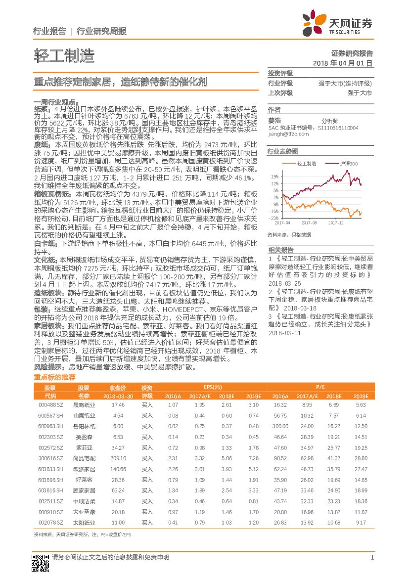 天风证券：轻工制造行业研究周报：重点推荐定制家居，<em>造纸</em>静待新的催化剂