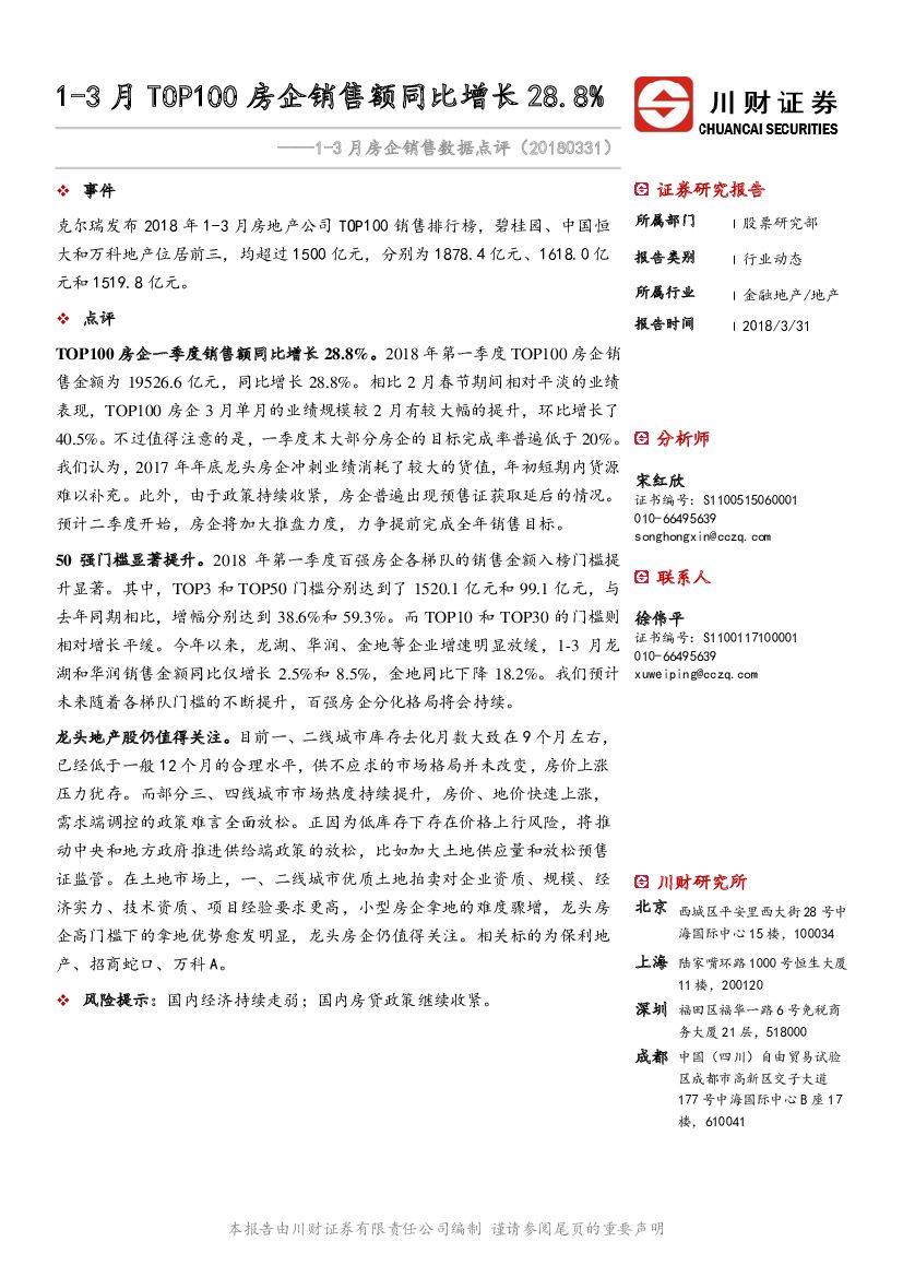 川财证券：1-3月房企销售数据点评：1-3月TOP100房企销售额同比增长28.8%
