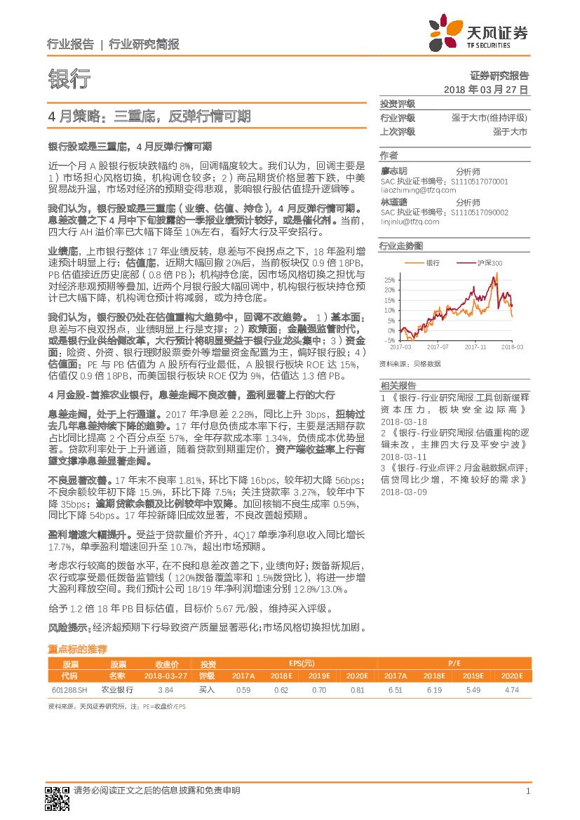 天风证券：银行动态分析：4月策略：三重底，反弹行情可期
