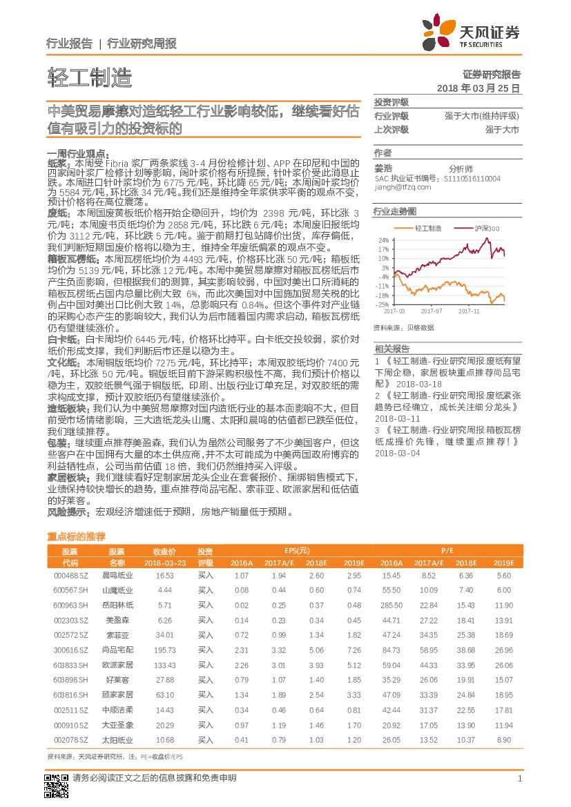天风证券：轻工制造行业研究周报：中美贸易摩擦对造纸轻工行业影响较低，继续看好估值有吸引力的投资标的