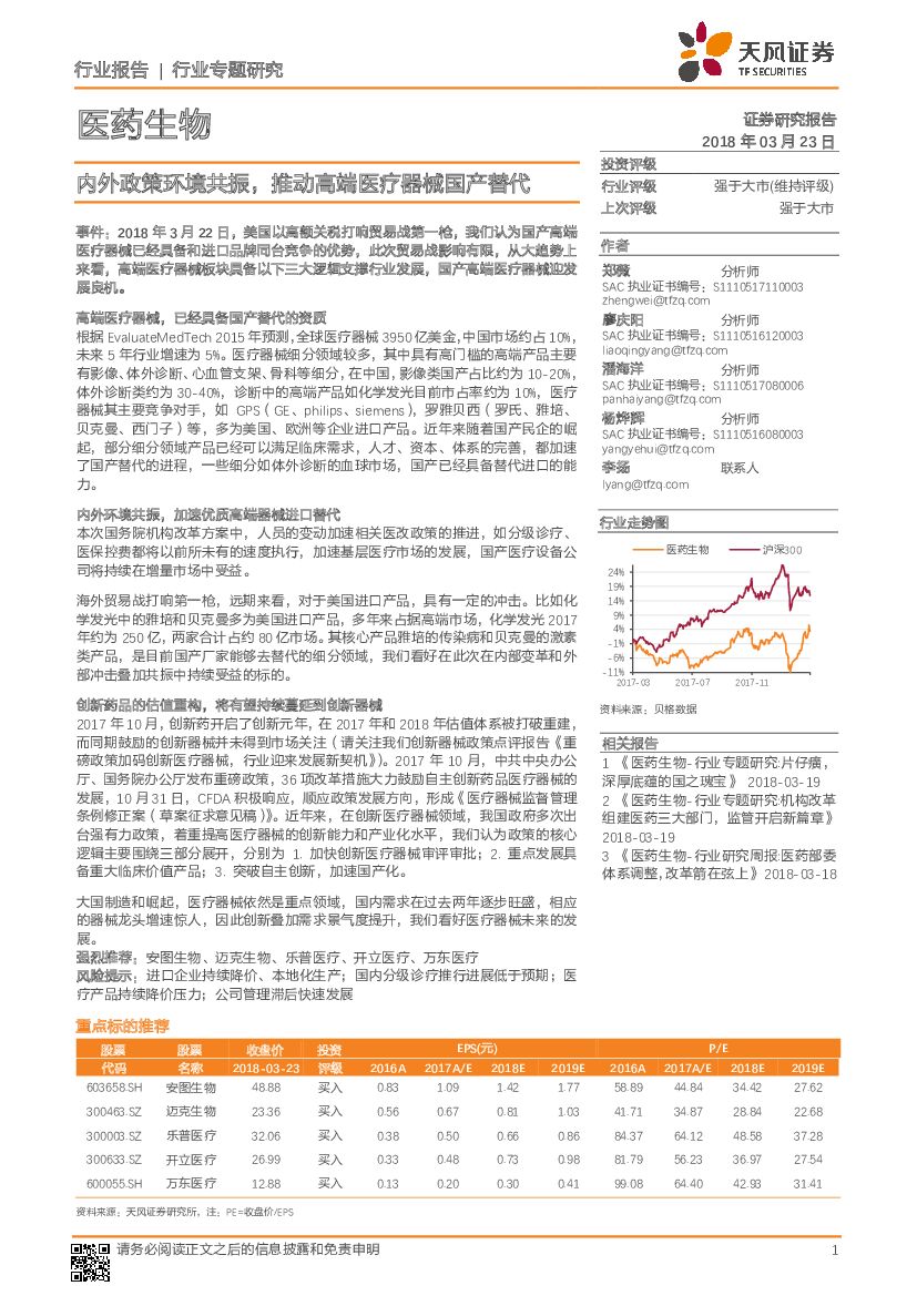 天风证券：医药生物行业专题研究：内外政策环境共振，推动高端医疗器械国产替代