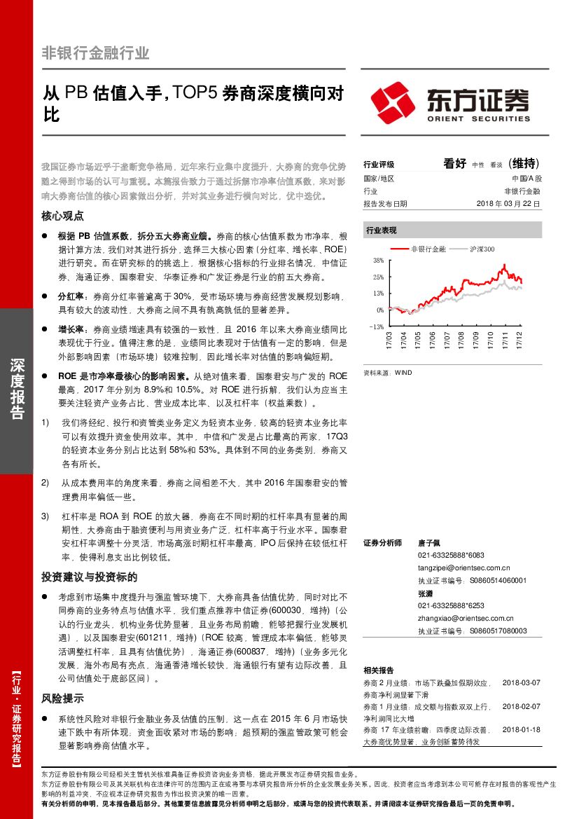 东方证券：非银行金融行业深度报告：从PB估值入手，TOP5券商深度横向对比