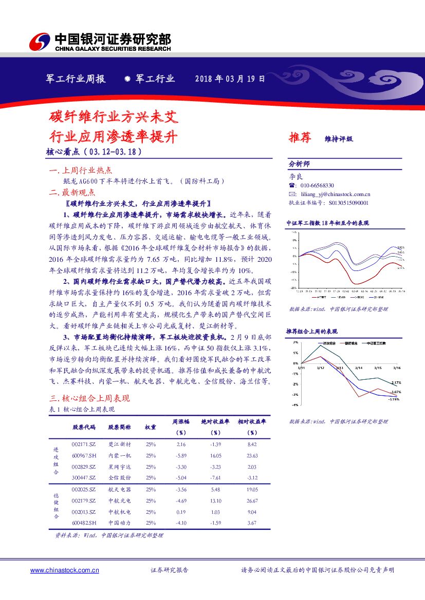 中国银河：军工行业周报：碳纤维行业方兴未艾 行业应用渗透率提升