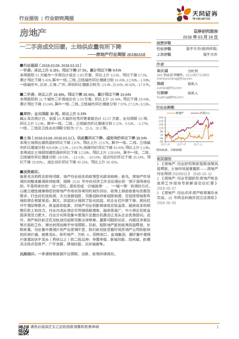 天风证券：房地产行业周报：一二手房成交回暖，土地供应量有所下降