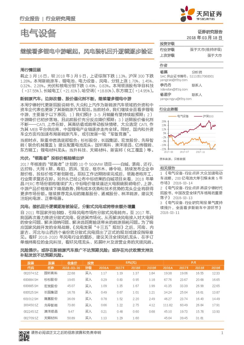 天风证券：电气设备行业研究周报：继续看多锂电中游崛起，风电装机回升逻辑逐步验证