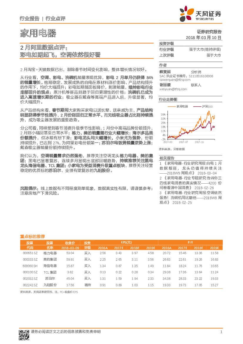 天风证券：家用电器行业：2月阿里数据点评：彩电如期起飞，空调依然很好看