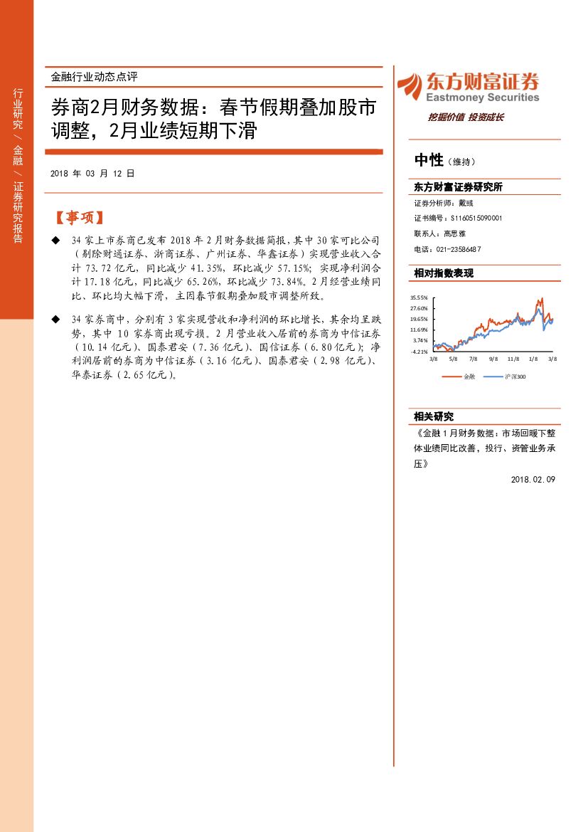 东方财富证券：券商2月财务数据：春节假期叠加股市调整，2月业绩短期下滑