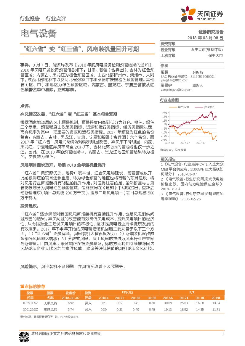 天风证券：电气设备行业点评：“红六省”变“红三省”，风电装机量回升可期