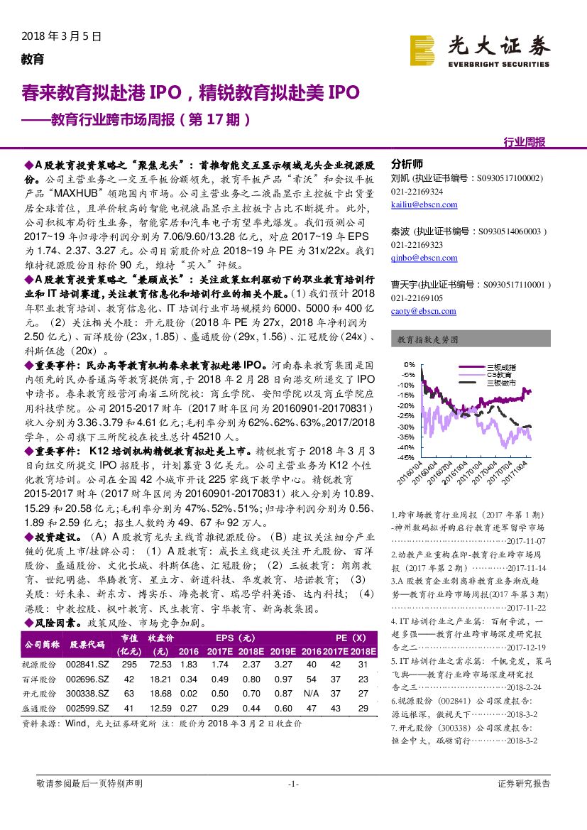 光大证券：教育行业跨市场周报（第17期）：春来教育拟赴港IPO，精锐教育拟赴美IPO