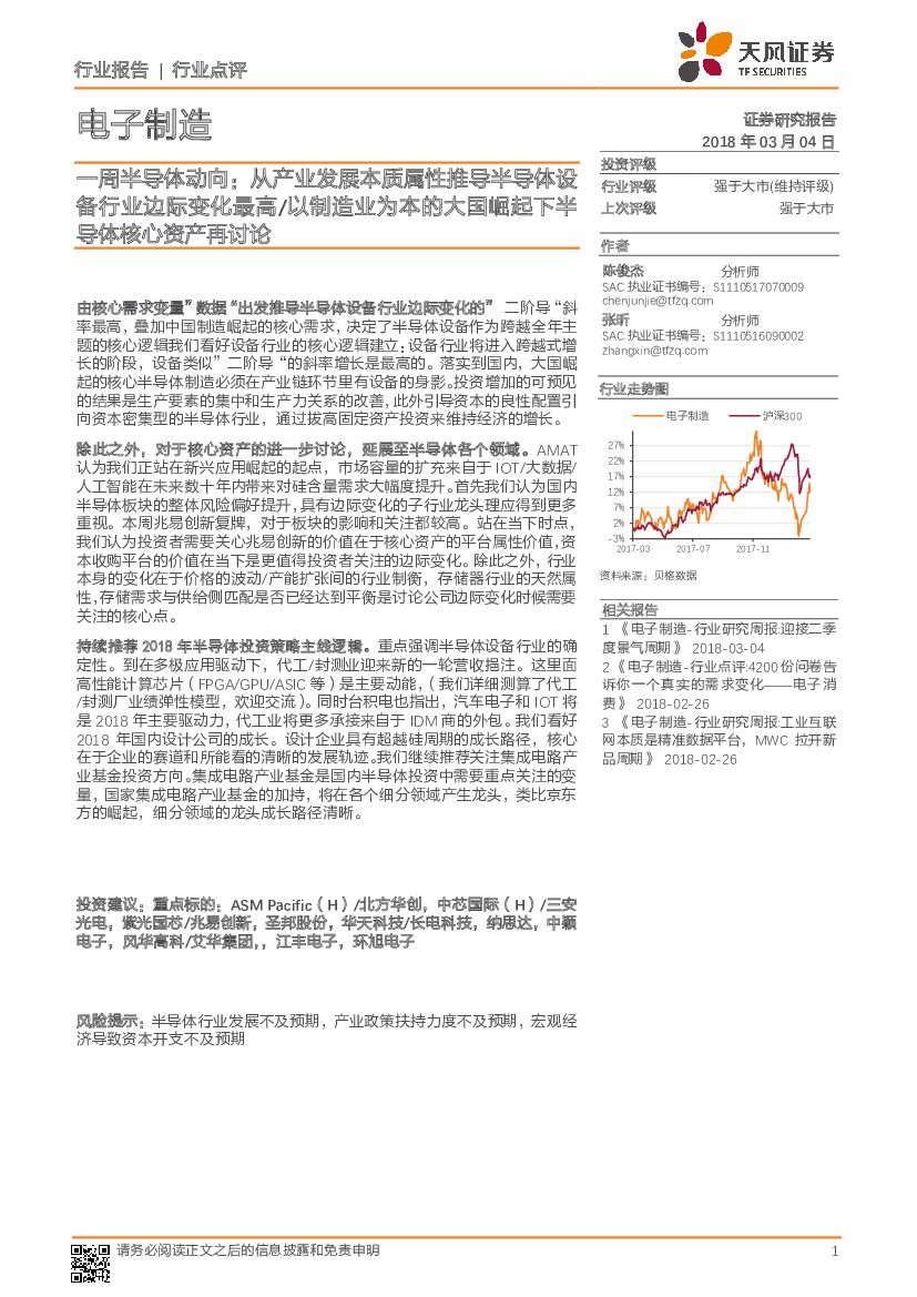 天风证券：电子制造行业点评：一周半导体动向：从产业发展本质属性推导半导体设备行业边际变化最高/以制造业为本的大国崛起下半导体核心资产再讨论