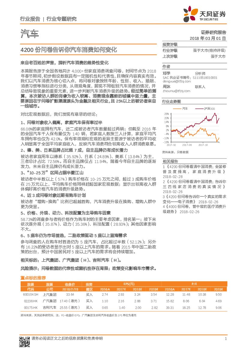 天风证券：汽车行业专题研究：4200份问卷告诉你汽车消费如何变化