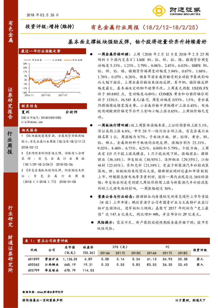 财通证券：有色金属行业周报：基本面支撑板块强劲反弹，钴个股将迎量价齐升持续看好