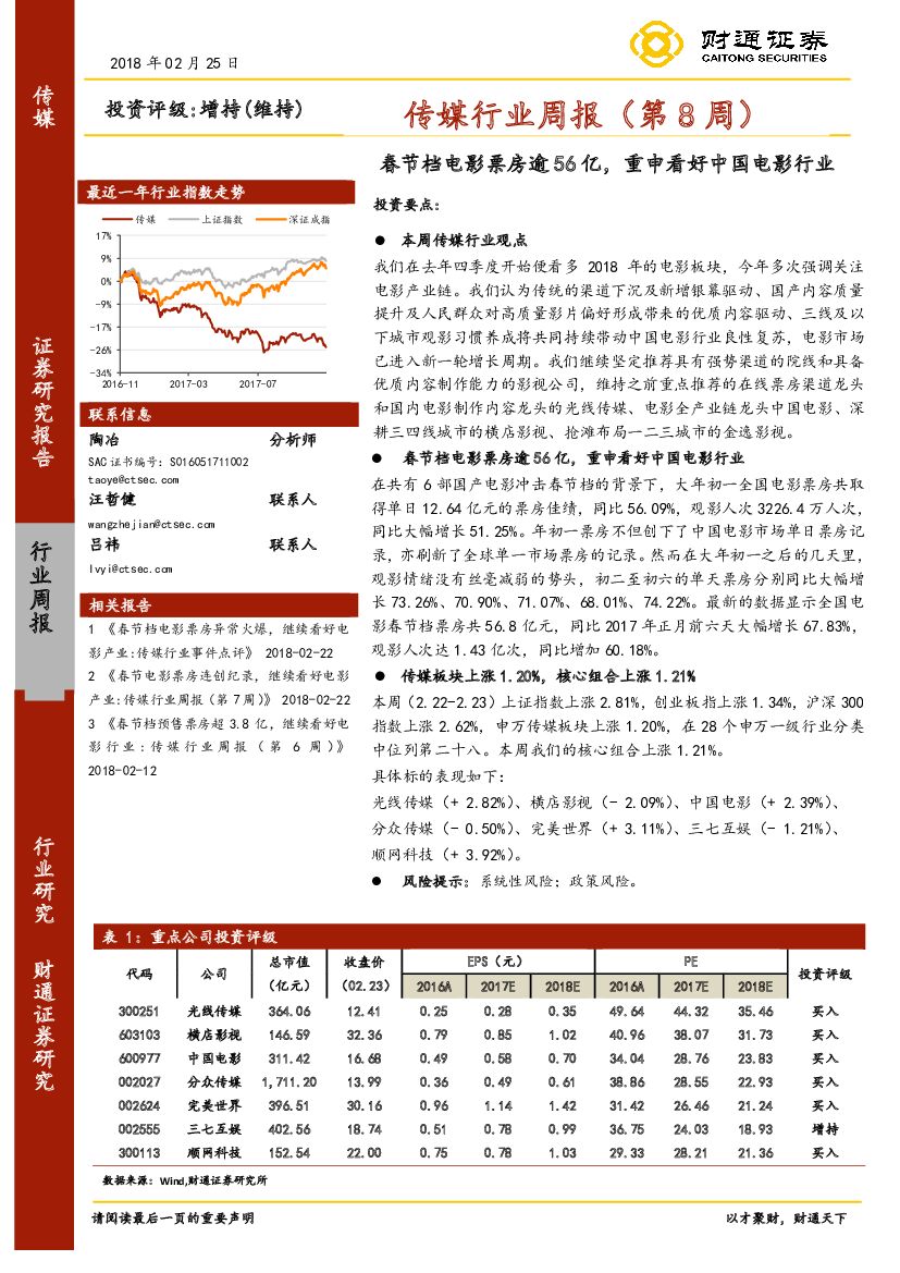 财通证券：传媒行业周报（第8周）：春节档电影票房逾56亿，重申看好中国电影行业