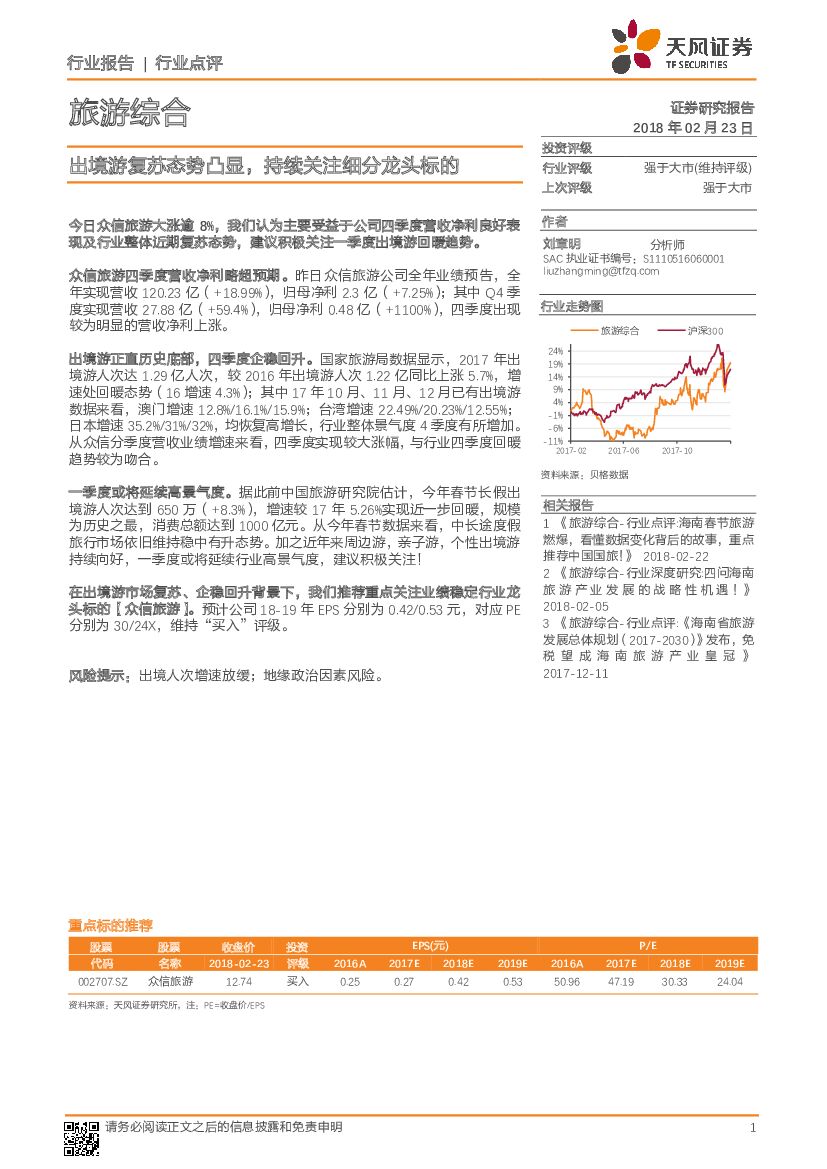 天风证券：旅游综合行业点评：出境游复苏态势凸显，持续关注细分龙头标的