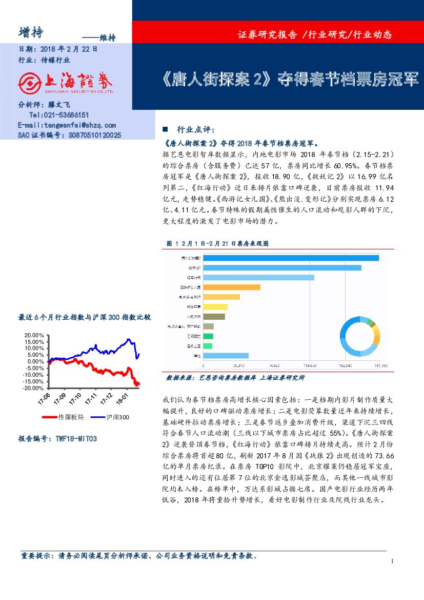 上海证券：传媒：《唐人街探案2》夺得春节档票房冠军