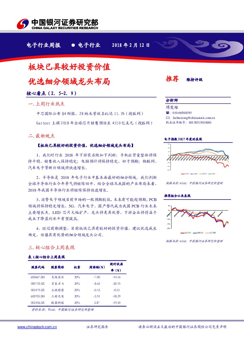 中国银河：电子行业周报：板块已具较好投资价值 优选细分领域龙头布局