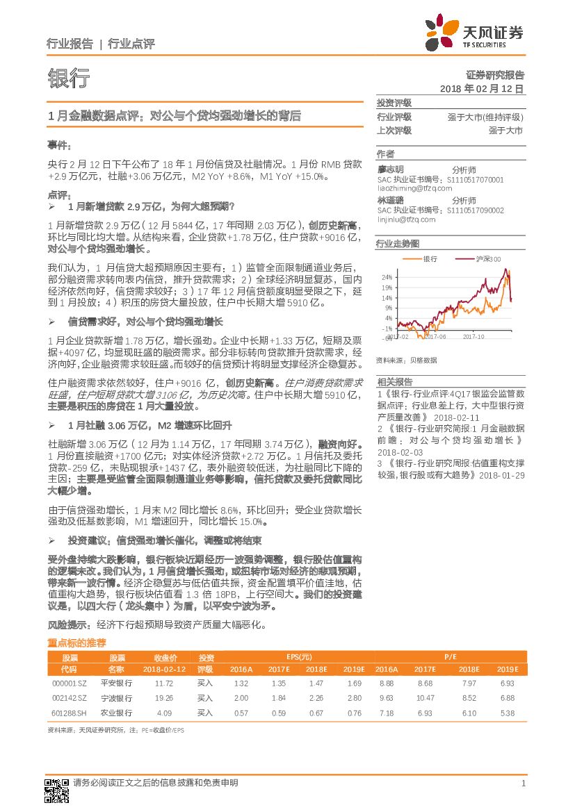 天风证券：银行行业1月金融数据点评：对公与个贷均强劲增长的背后