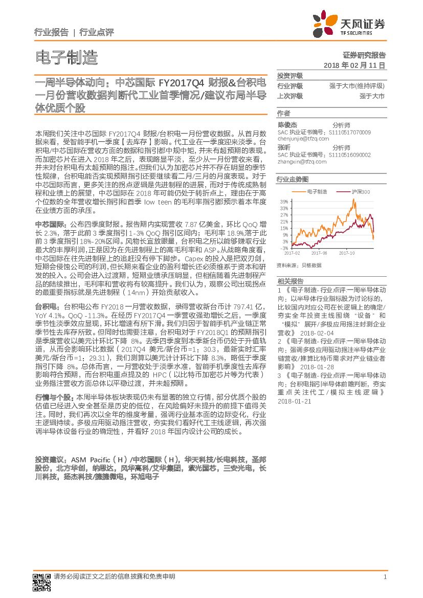 天风证券：一周半导体行业动向：中芯国际FY2017Q4财报&台积电一月份营收数据判断代工业首季情况/建议布局半导体优质个股