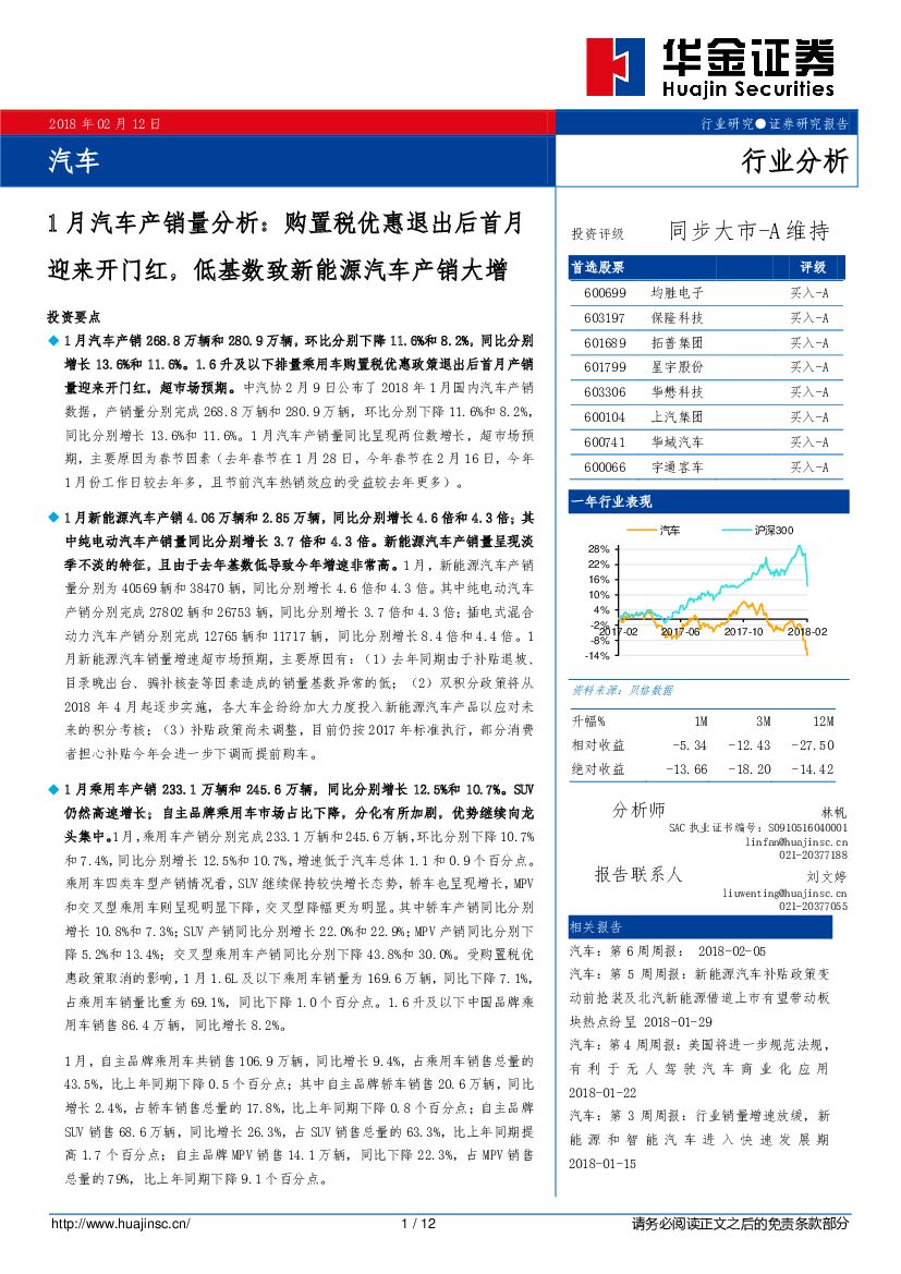 华金证券：汽车行业1月汽车产销量分析：购置税优惠退出后首月迎来开门红，低基数致新能源汽车产销大增