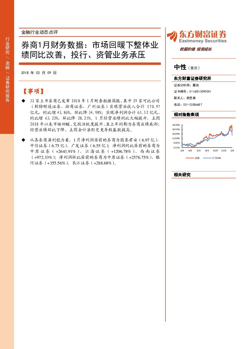 东方财富证券：金融行业动态点评：券商1月财务数据：市场回暖下整体业绩同比改善，投行、资管业务承压
