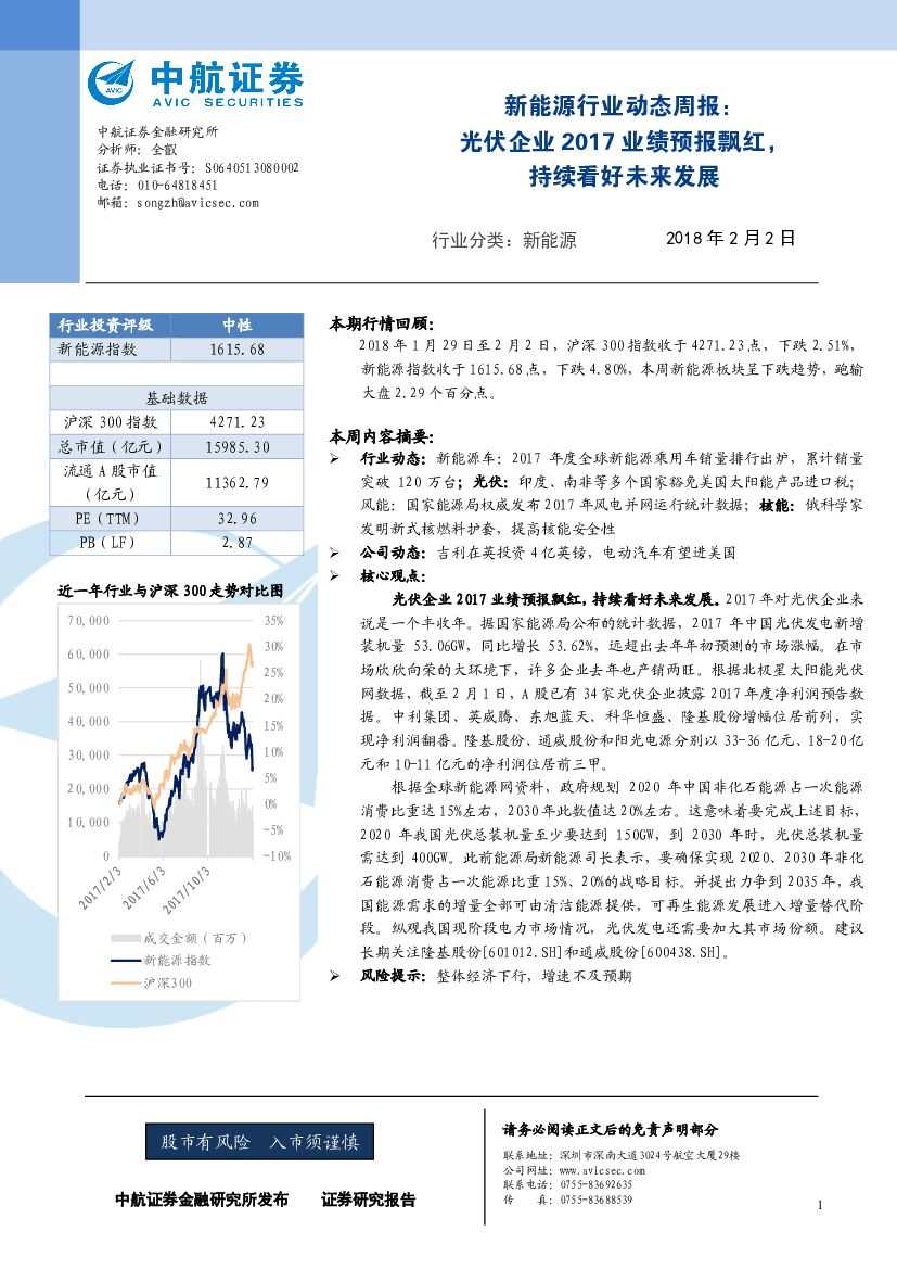 中航证券：新<em>能源</em>行业动态周报：光伏企业2017业绩预报飘红，持续看好未来发展 海报