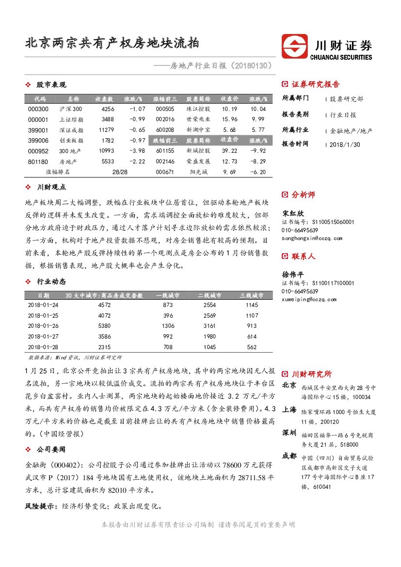 川财证券：房地产行业日报：北京两宗共有产权房地块流拍