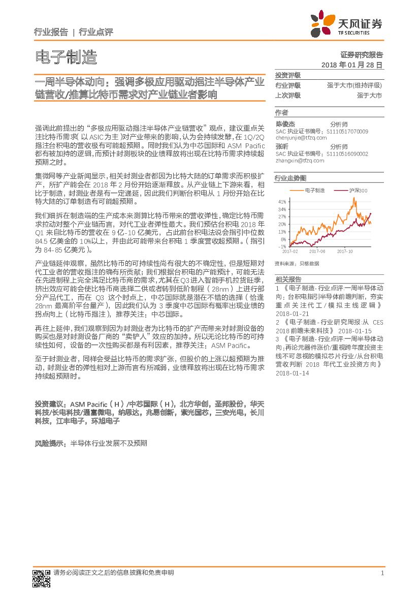 天风证券：电子制造：一周半导体动向：强调多极应用驱动挹注半导体产业链营收/推算比特币需求对产业链业者影响