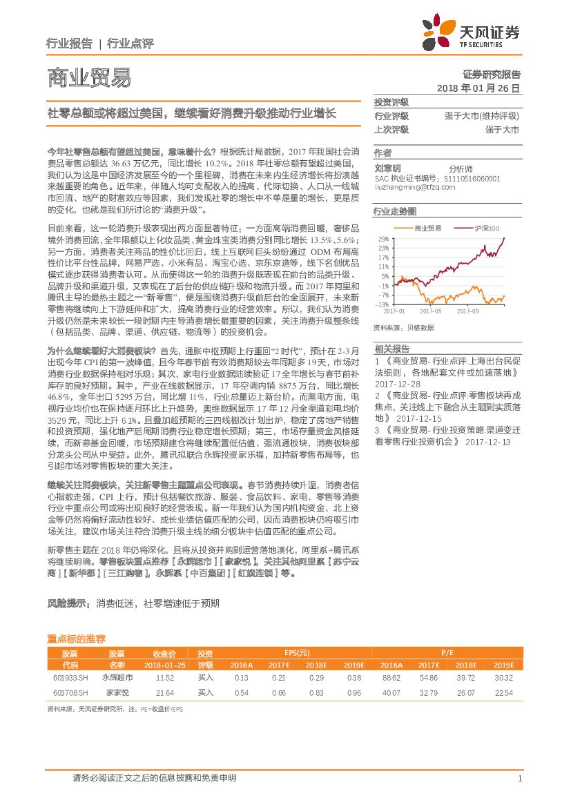天风证券：商业贸易：社零总额或将超过美国，继续看好消费升级推动行业增长