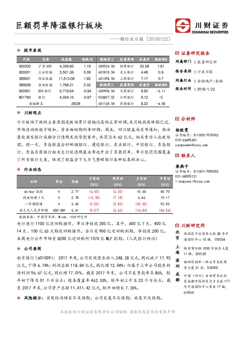 川财证券：银行业日报：巨额罚单降温银行板块