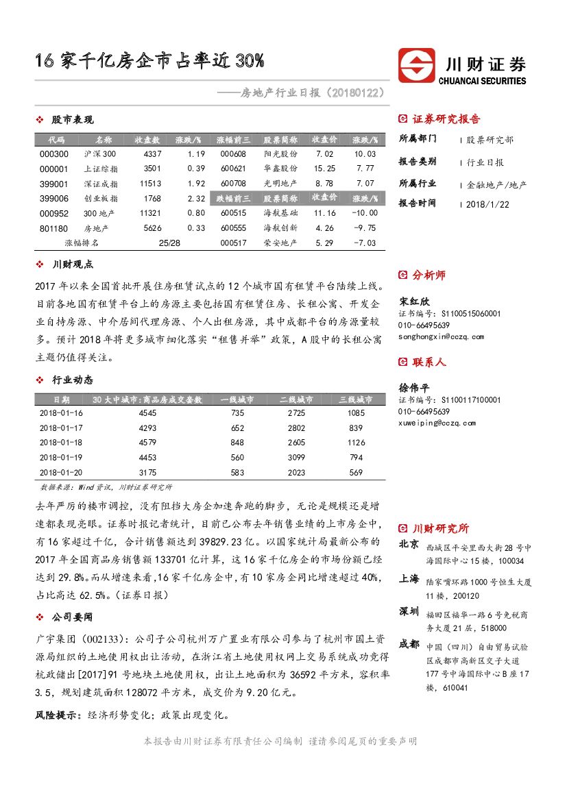 川财证券：房地产行业日报：16家千亿房企市占率近30%