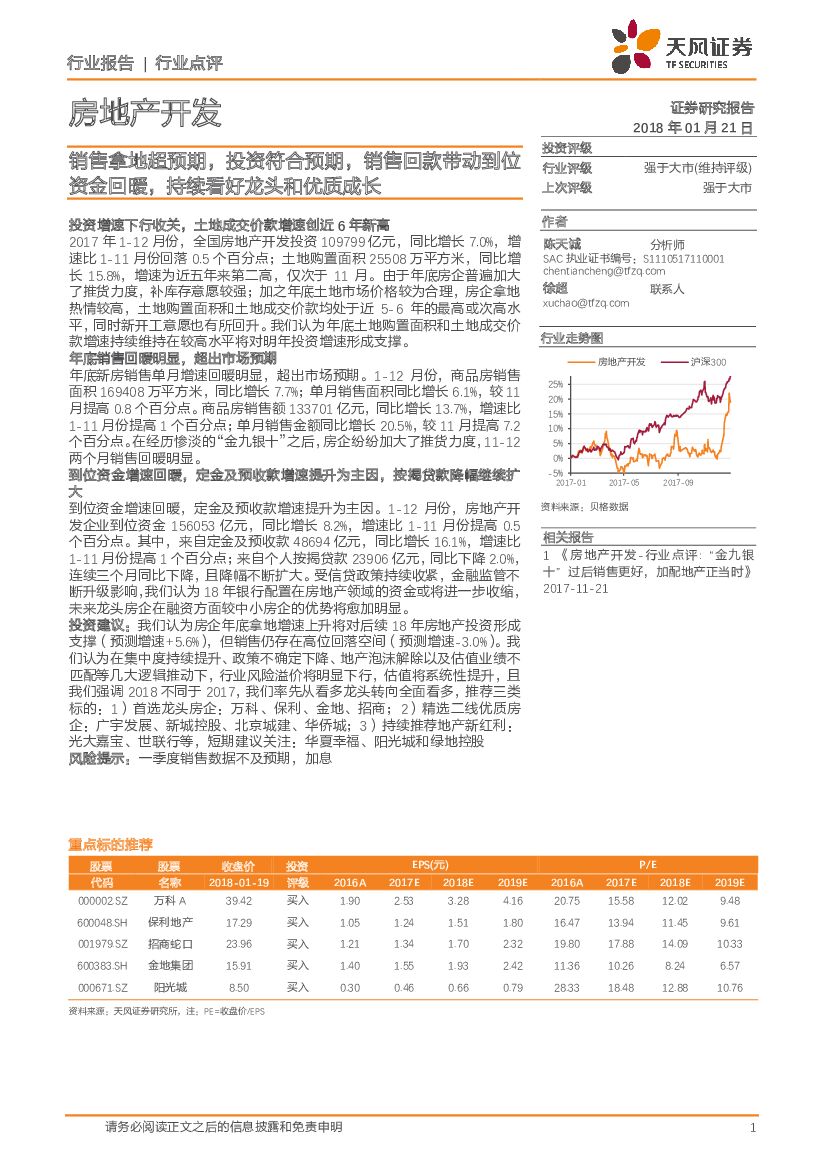 天风证券：房地产开发行业点评：销售拿地超预期，投资符合预期，销售回款带动到位资金回暖，持续看好龙头和优质成长