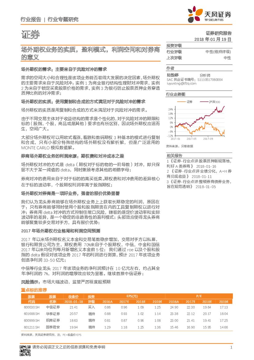 天风证券：证券行业专题研究：场外期权业务的实质，盈利模式，利润空间和对券商的意义