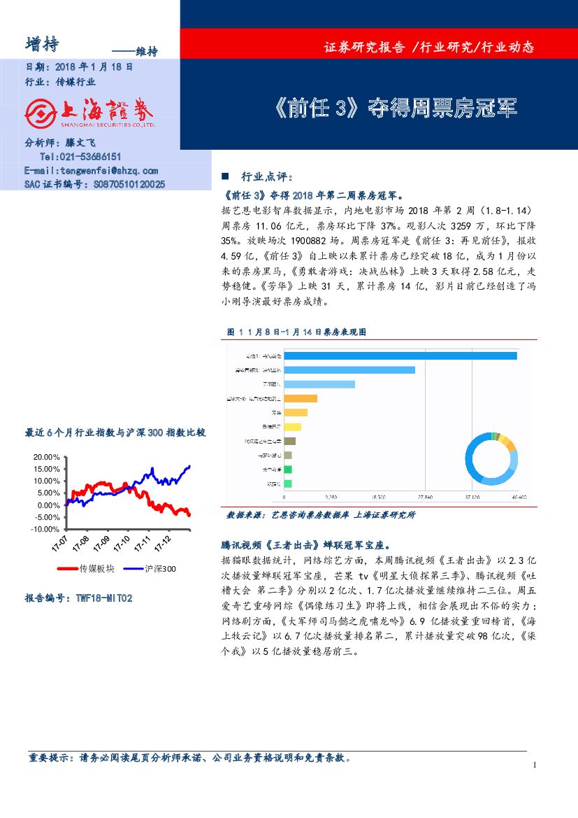 上海证券：传媒行业动态：《前任3》夺得周票房冠军