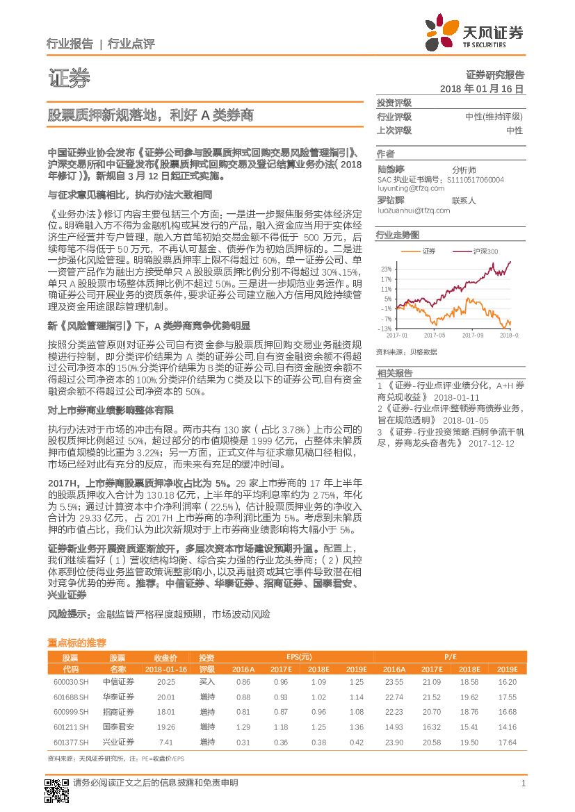 天风证券：证券：股票质押新规落地，利好A类券商