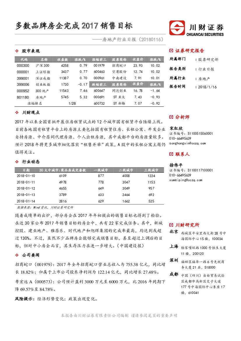 川财证券：房地产行业日报：多数品牌房企完成2017销售目标