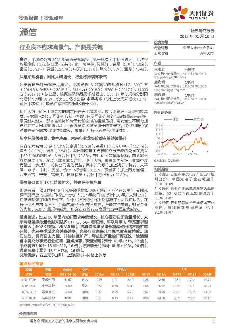 天风证券：通信行业点评：行业供不应求高景气，产能是关键