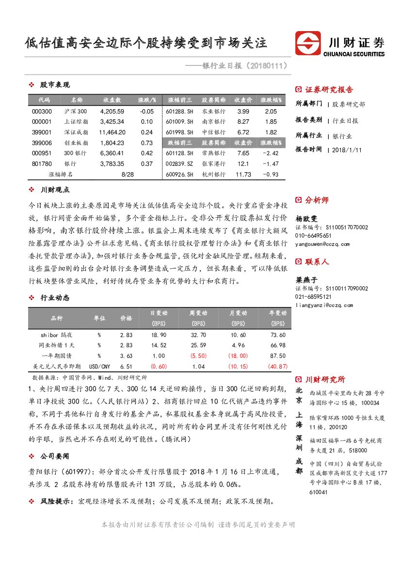 川财证券：银行业日报：低估值高安全边际个股持续受到市场关注