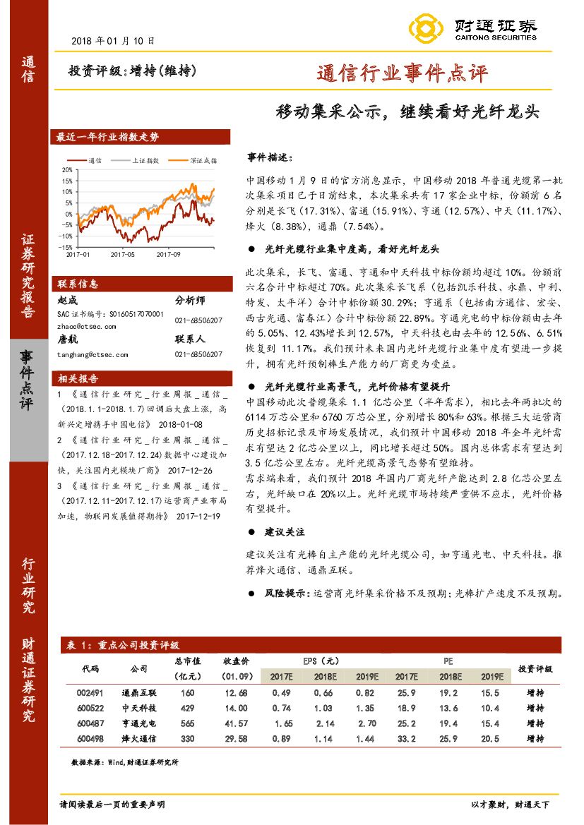财通证券：通信行业事件点评：移动集采公示，继续看好光纤龙头