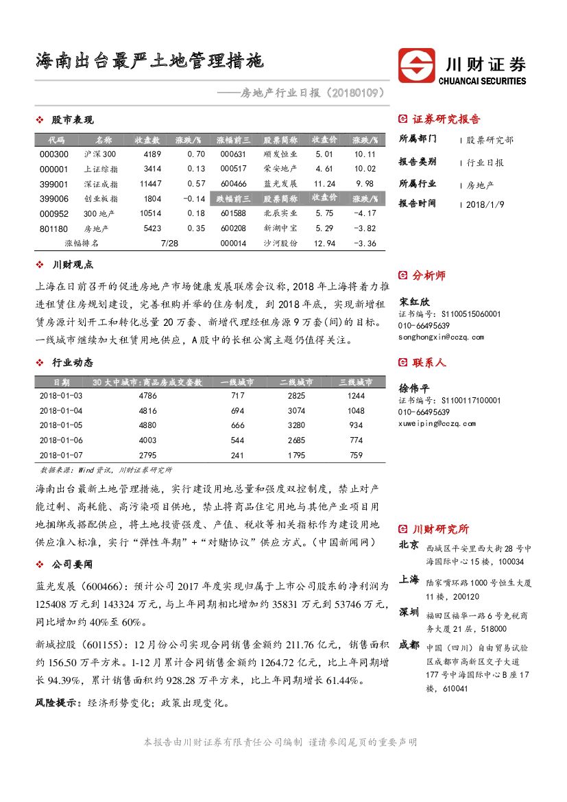 川财证券：房地产行业日报：海南出台最严土地管理措施