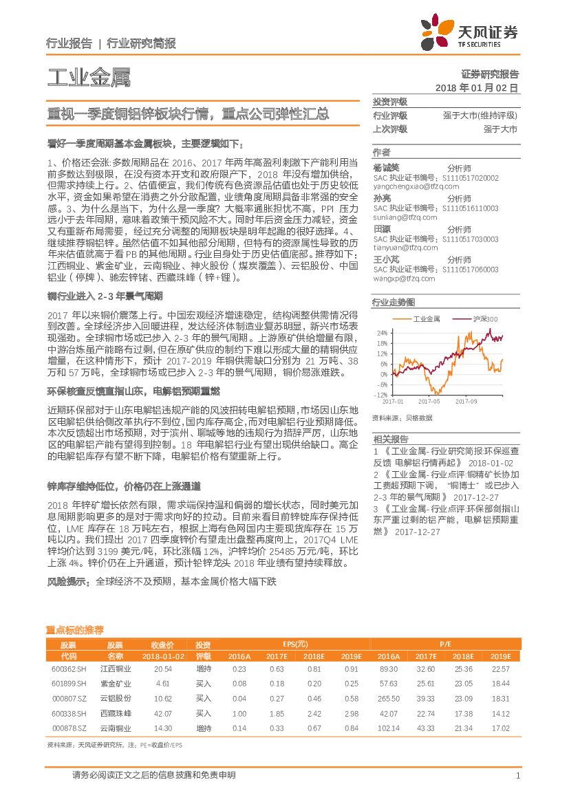 天风证券：工业金属：重视一季度铜铝锌板块行情，重点公司弹性汇总