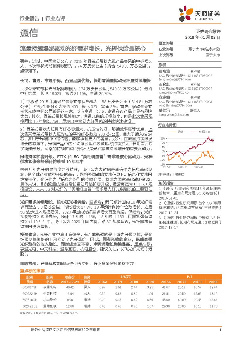 天风证券：通信行业点评：流量持续爆发驱动光纤需求增长，光棒供给是核心