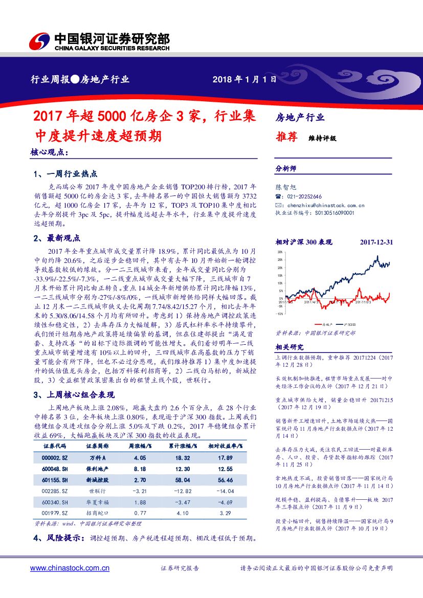 中国银河：房地产行业周报：2017年超5000亿房企3家，行业集中度提升速度超预期