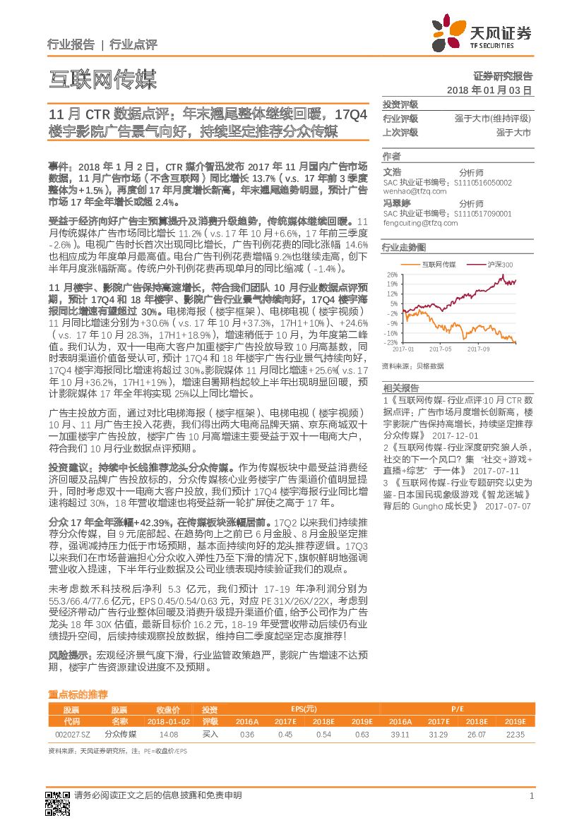 天风证券：互联网传媒11月CTR数据点评：年末翘尾整体继续回暖，17Q4楼宇影院广告景气向好，持续坚定推荐分众传媒