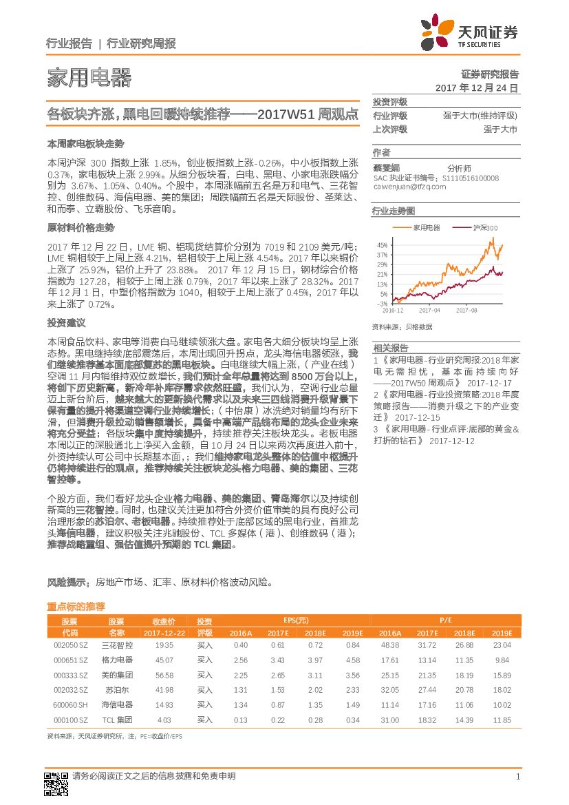 天风证券：家用电器2017W51周观点：各板块齐涨，黑电回暖持续推荐