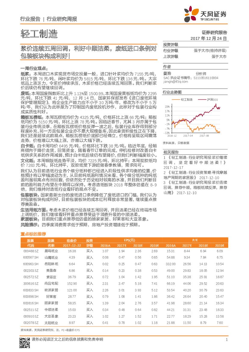 天风证券：轻工制造行业研究周报：浆价连续五周回调，利好中顺洁柔，废纸进口条例对包装板块构成利好！